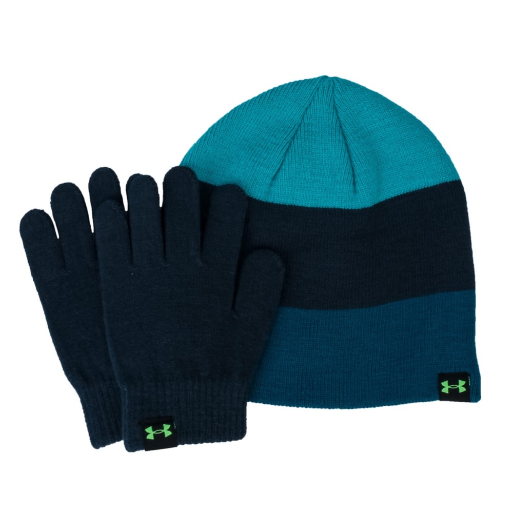 Under Armour Boys Youth Winter Colorblock Stripe Beanie Hat and Gloves Set